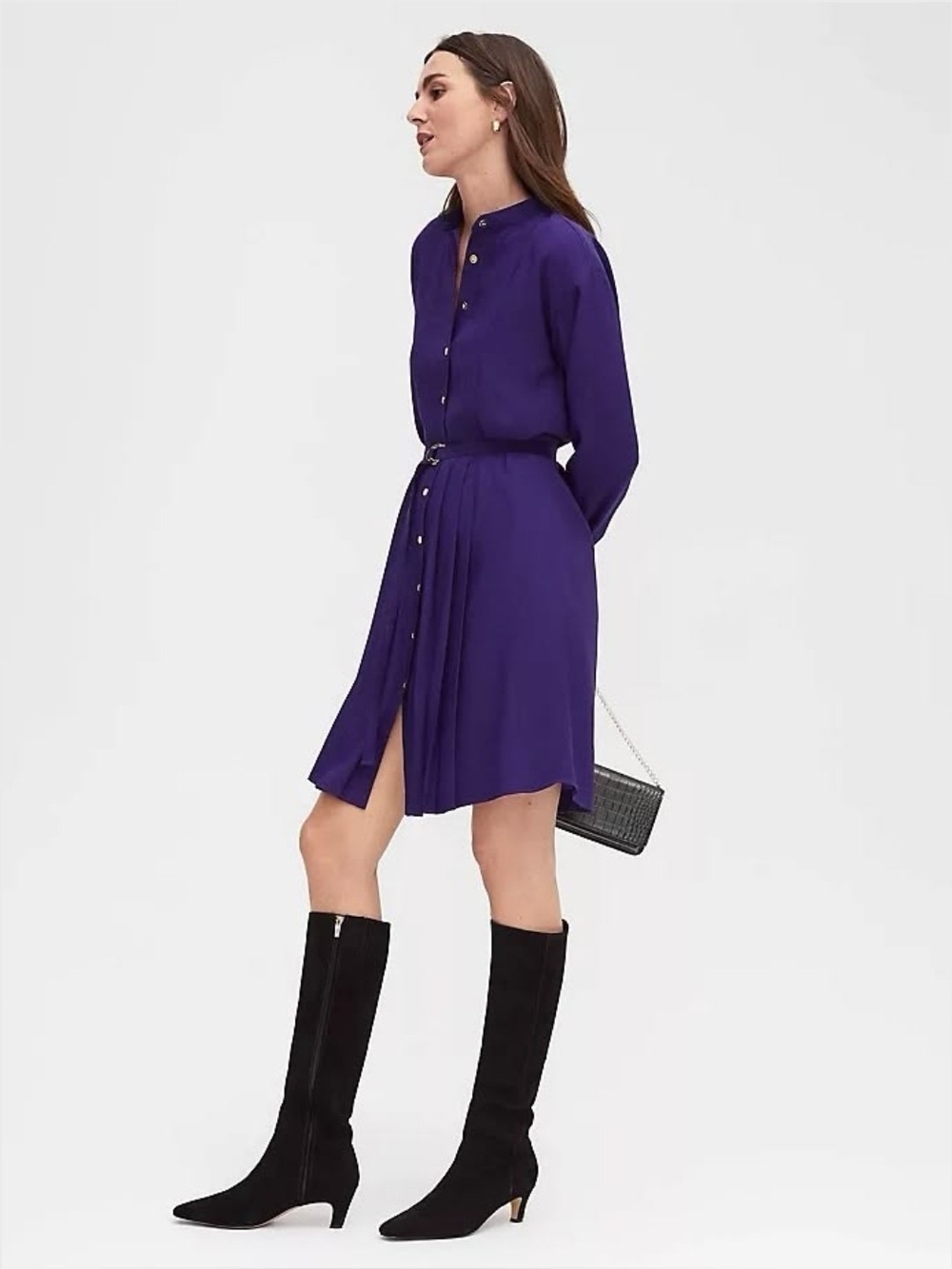 Purple Button-Front Pleated Shirt Dress